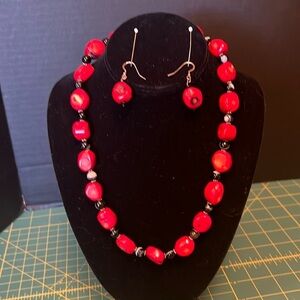 Statement Necklace and earrings red coral look